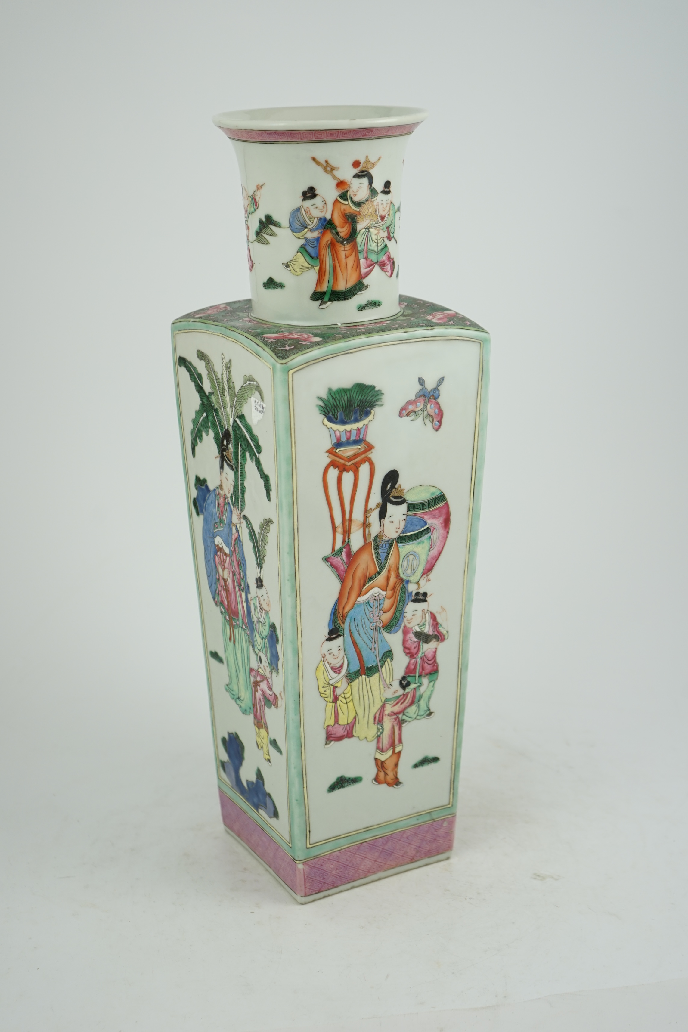 A tall Chinese famille rose square section vase, 19th century